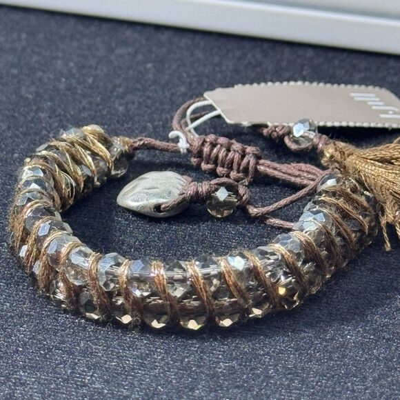J Jill Crystal Beads Wrapped stranded Brown Pull Cord Bracelet Bolo W Tassle - Picture 3 of 8